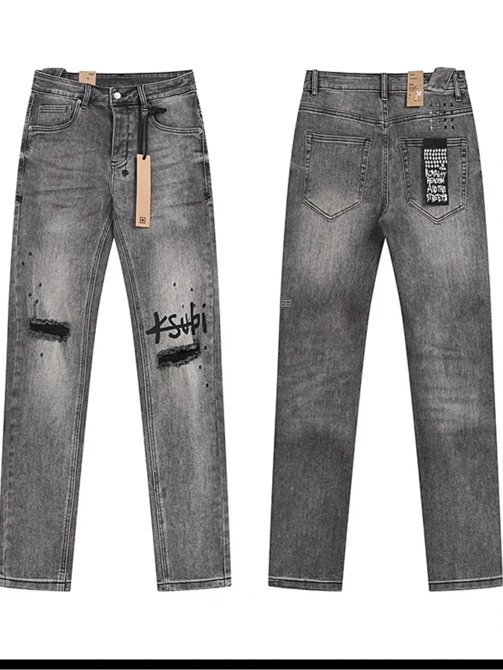 Ksubi Men’s Grey Distressed Slim Jeans with Graphic Detail